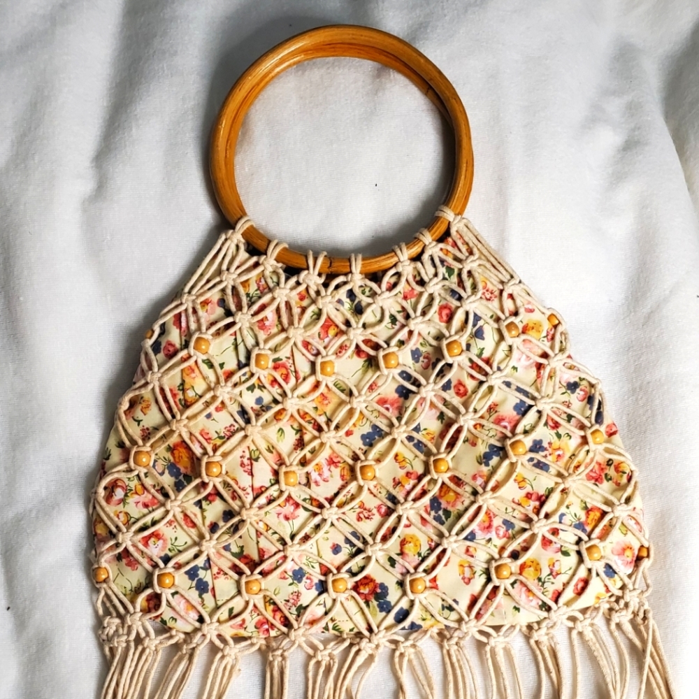 Boho Chic Bohemian style handbag with wooden handle.
